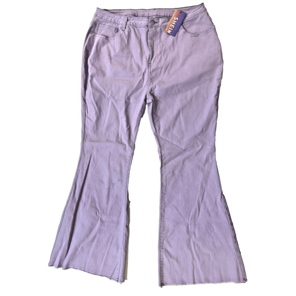 Shein Pants Womens 3XL Purple Flare Leg Denim Stretch High Rise Raw Hem Jeans - Picture 1 of 7